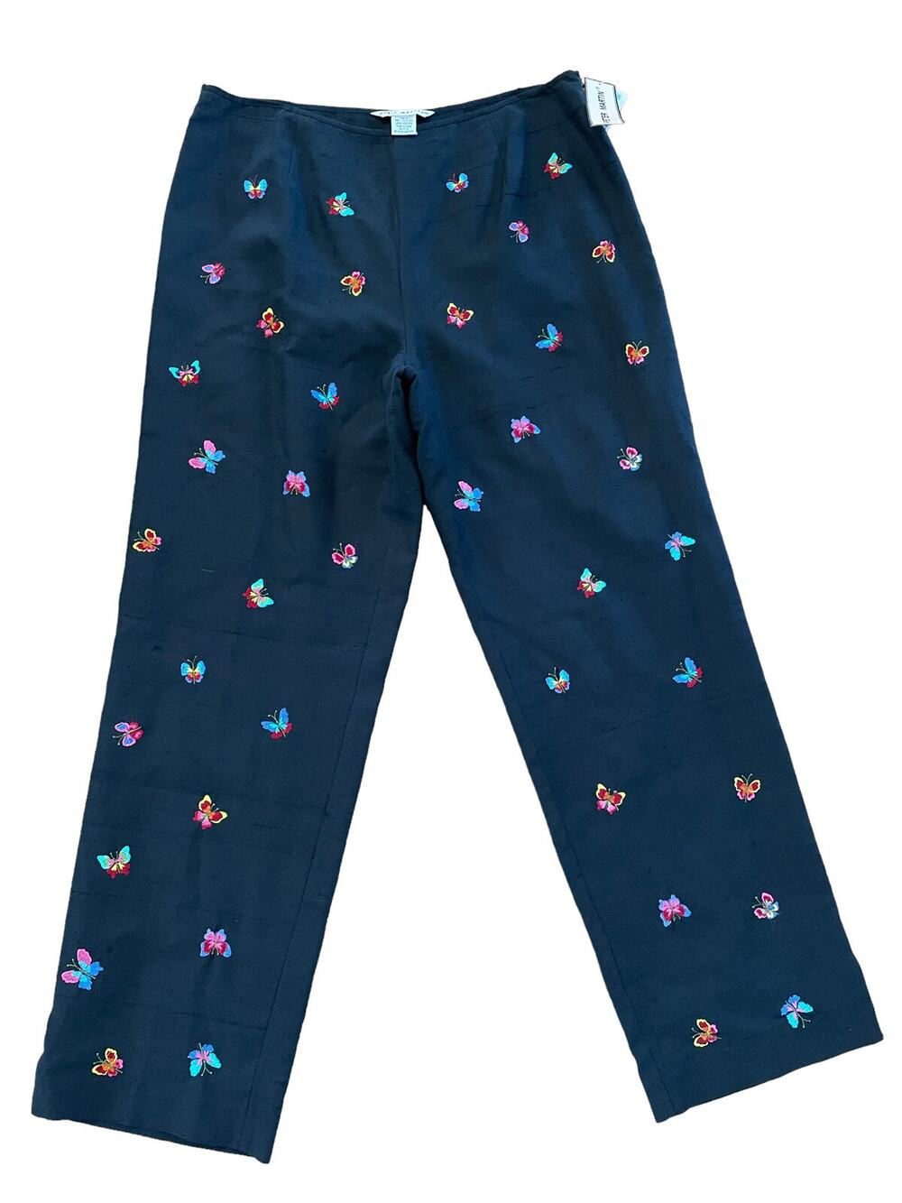 NWT Peter Martin Black High Rise Silk Pants Embroidered Butterflies Size 14 32W